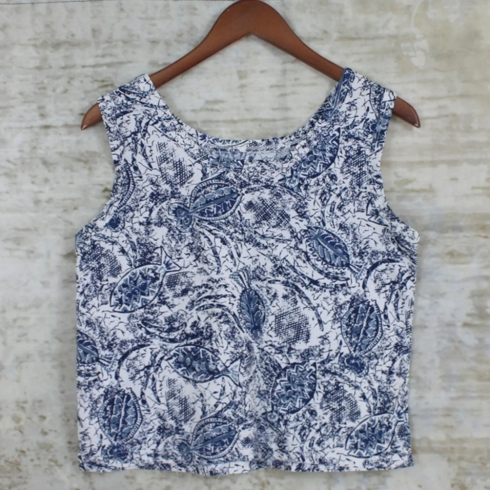 Blue Toile Tank Top Small Cotton Blouse Sleeveless Retro Resort Coastal Style - Picture 3 of 6